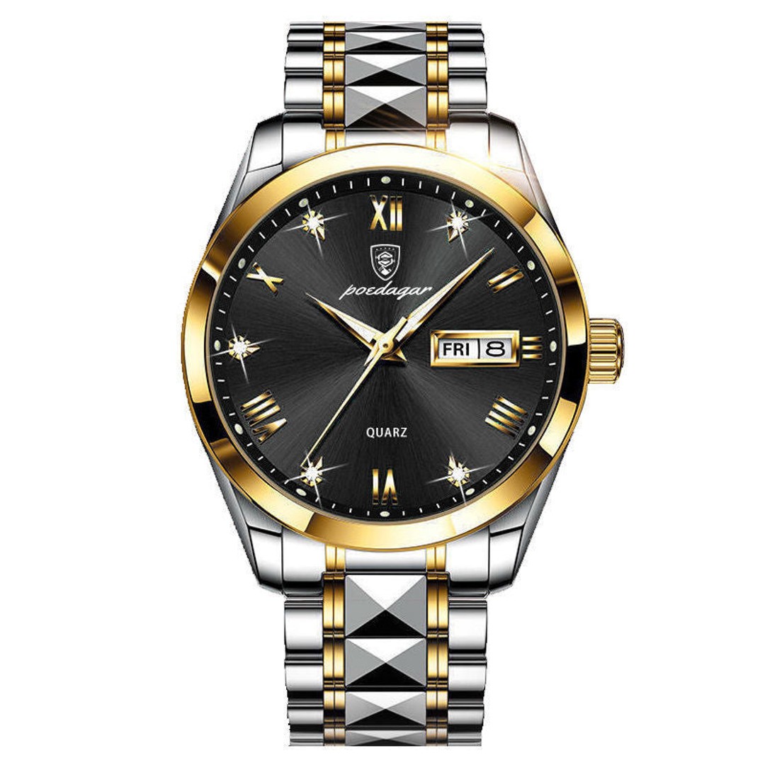 Waterproof Luminous Double Calendar Men's Wrist Watch Jewelry, Black Silver, hi-res