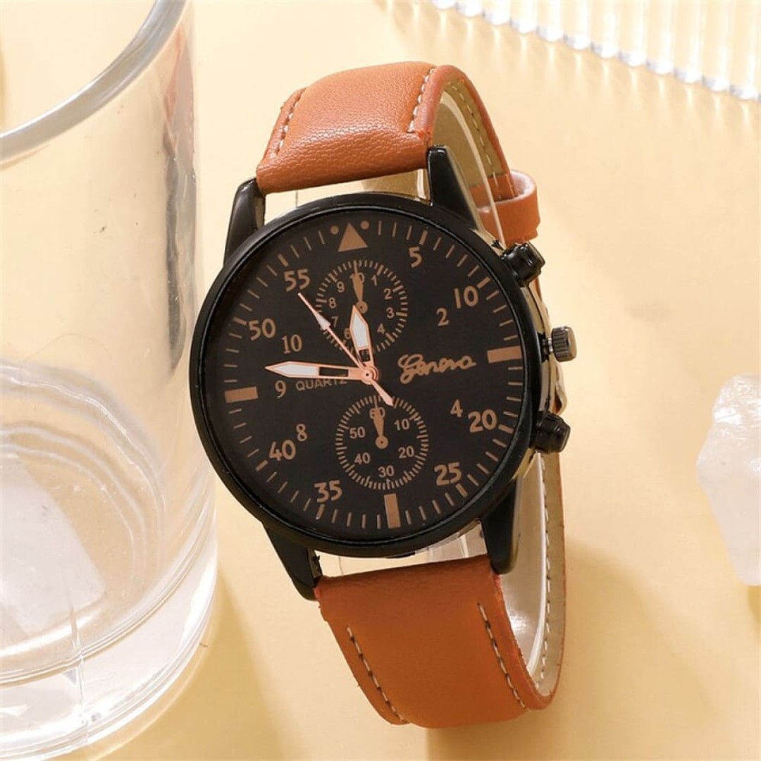 Men Watch Bracelet Set Fashion Business Brown Leather Quartz Wrist Watches for Men, Brown, hi-res